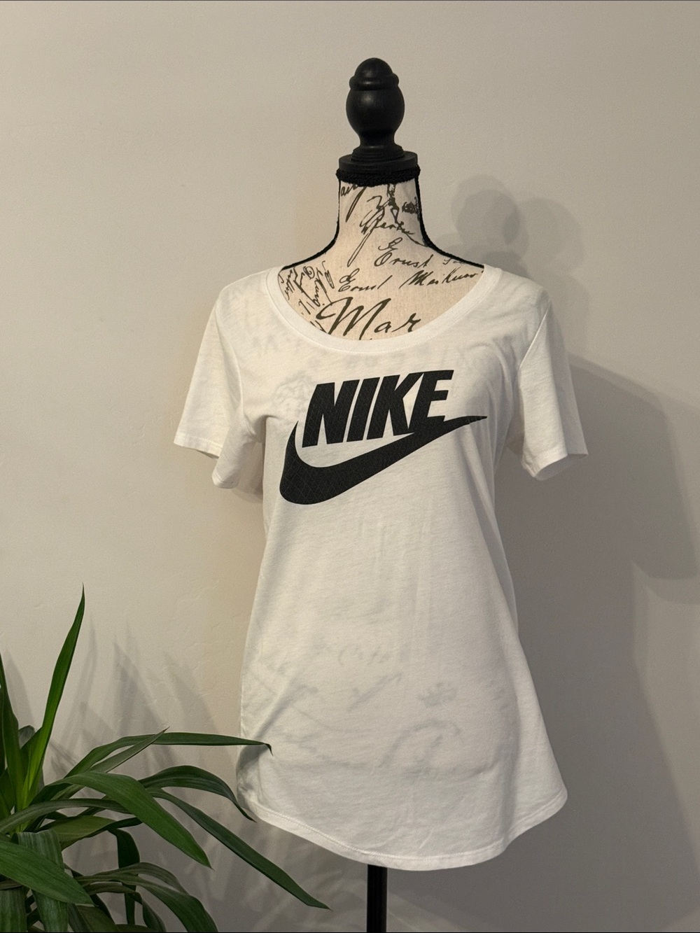Nike White Scoop Neck Tee with Black Swoosh Logo